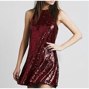 FREE PEOPLE Liquid Shine Sequin Sleeveless Swing Mini Dress Ruby Red Small NEW